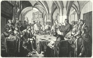 1529年、マールブルクコロッキーでのマーティンルーサーとフルドリッチツヴィングリの間の宗教的論争 作： German School